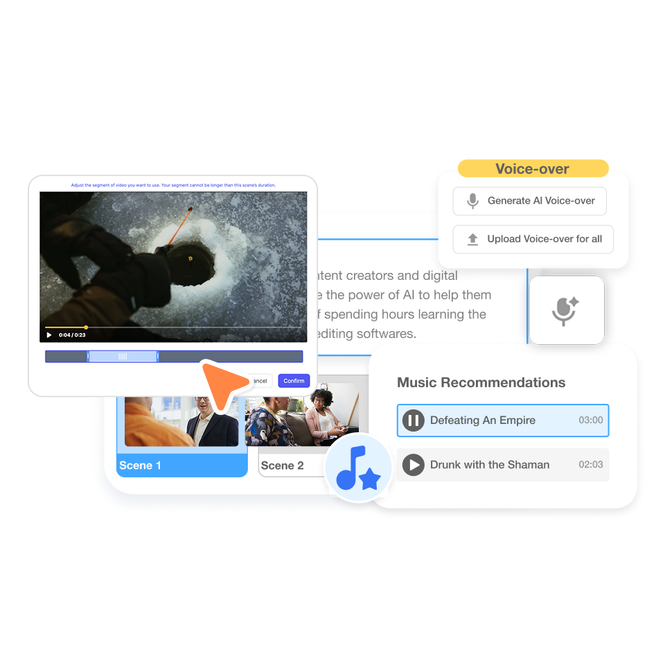 Fine-tune internal finance video announcements using Visla’s drag-and-drop scene editor.